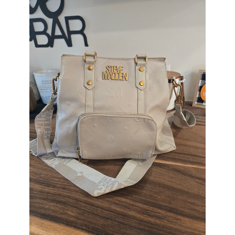 Steve Madden Gray Embossed Logo Crossbody Satchel Bag Gold Hardware